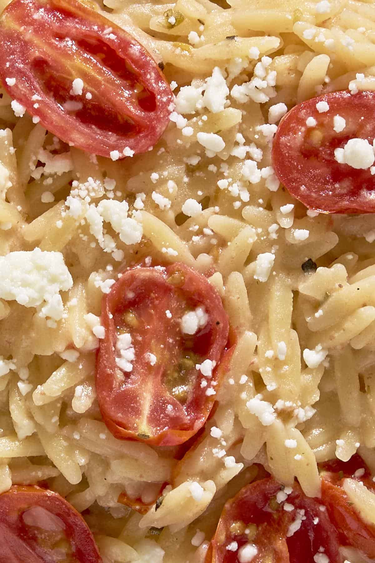 close up of the cherry tomato feta orzo from this recipe