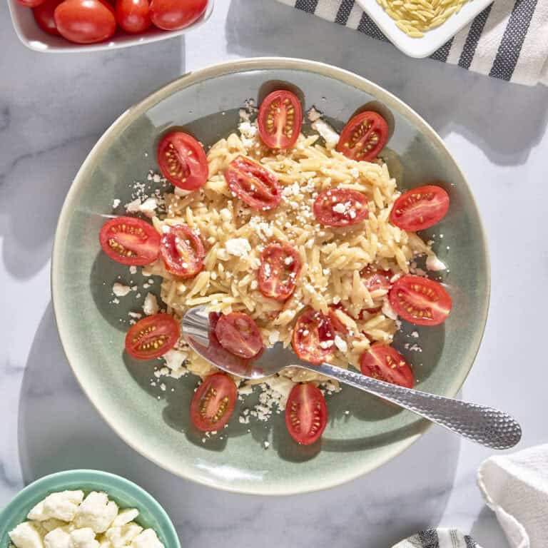 plate of cherry tomato feta orzo from this recipe