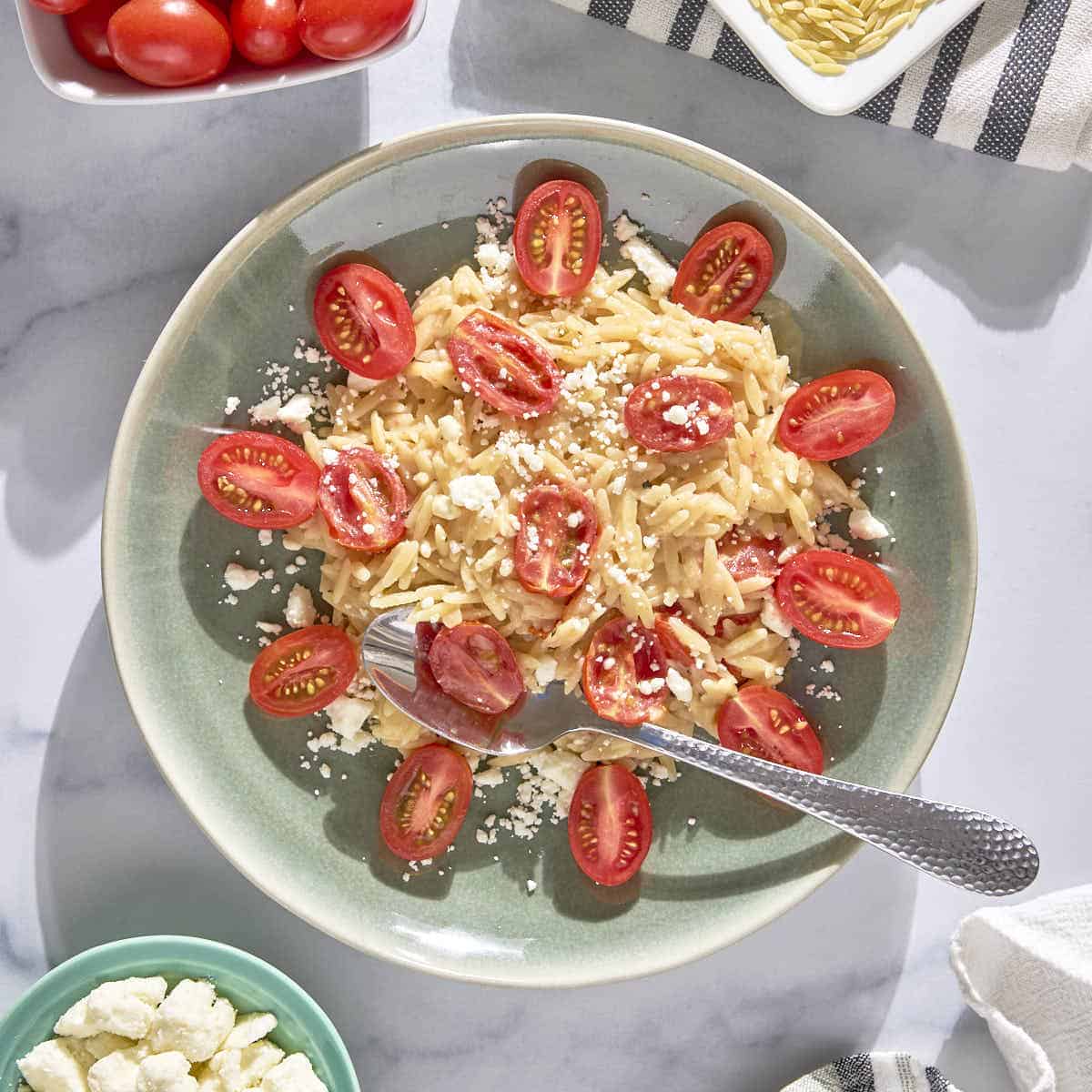 plate of cherry tomato feta orzo from this recipe