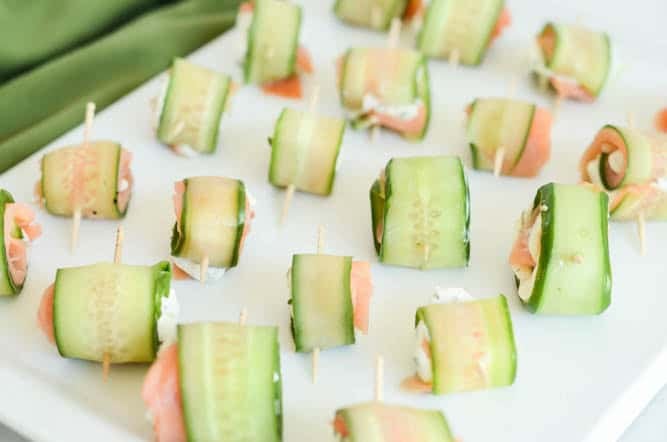 Smoked salmon and herbed cream cheese cucumber rollups