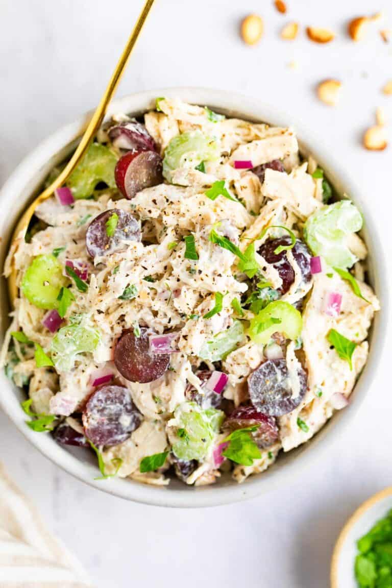 Overhead shot of chicken salad in a bowl