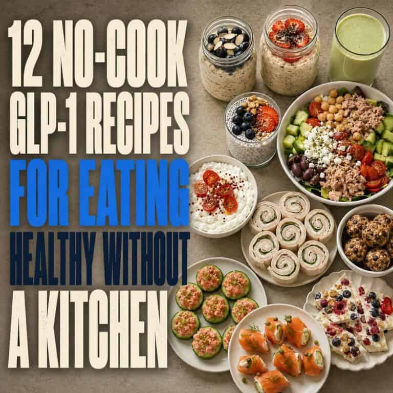 Assorted no-cook GLP-1 meals &mdash; Greek yogurt with berries, a tuna and chickpea salad, turkey roll-ups and cucumber bites &mdash; arranged on a counter.