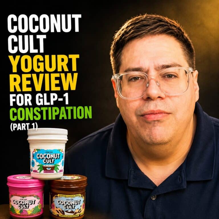 Benjamin with three jars of Coconut Cult yogurt and text reading "Coconut Cult Yogurt Review for GLP-1 Constipation (Part 1)"