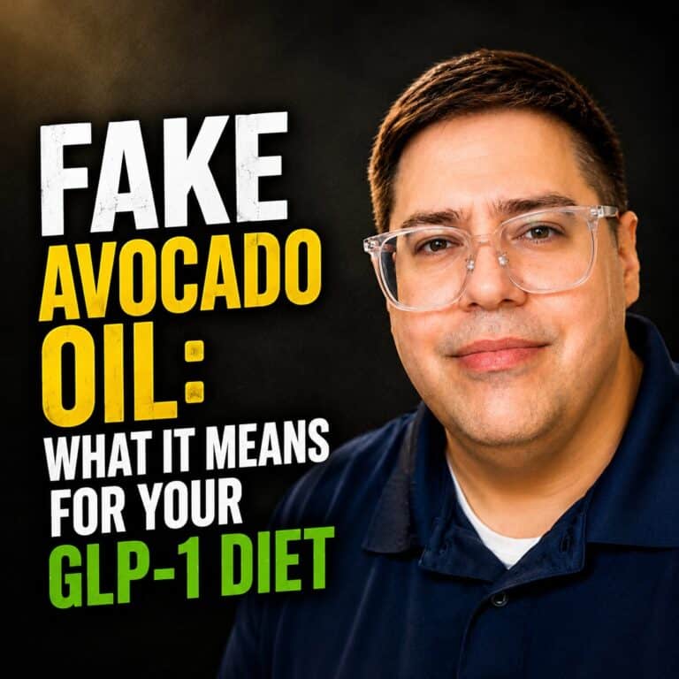 Benjamin beside text reading "Fake Avocado Oil: What It Means for Your GLP-1 Diet"