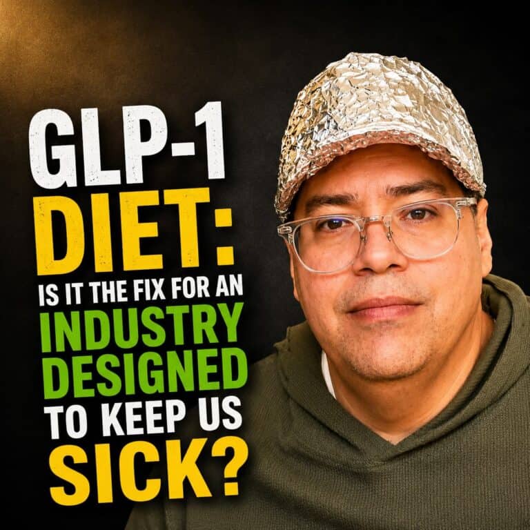 Benjamin in a tinfoil hat beside text reading "GLP-1 Diet: Is It the Fix for an Industry Designed to Keep Us Sick?"