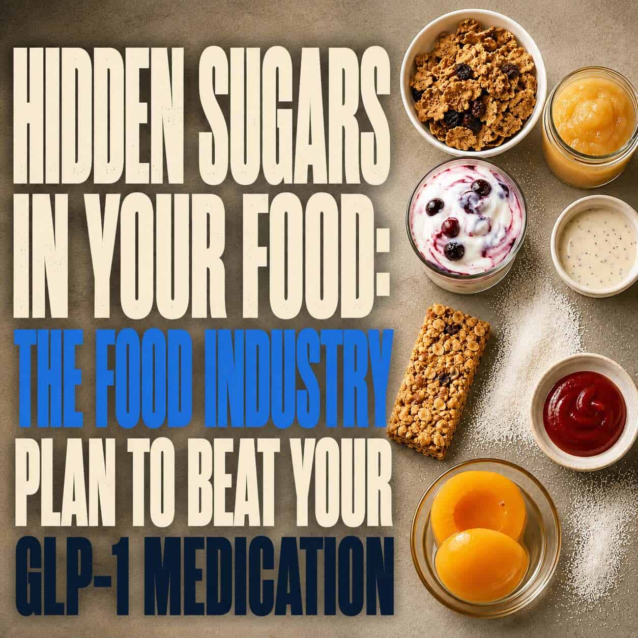 Yogurt, bran cereal with raisins, applesauce, dressing and a granola bar arranged around spilled white sugar, illustrating hidden sugar in foods and metabolic resistance