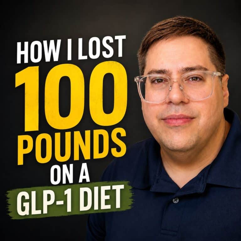 Benjamin beside text reading "How I Lost 100 Pounds on a GLP-1 Diet," from his 100 pound weight loss story