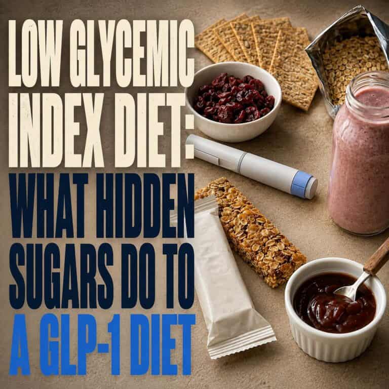 Low-glycemic foods on a wooden board.