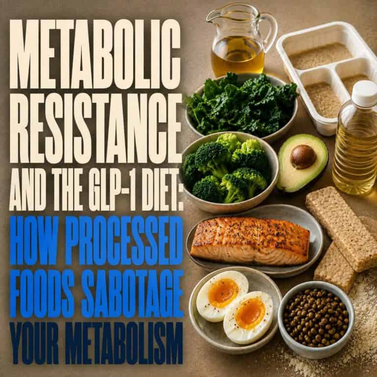 Whole foods including eggs, salmon, broccoli and olive oil on one side of a table and unlabeled processed convenience foods on the other, illustrating metabolic resistance on a GLP-1 diet.