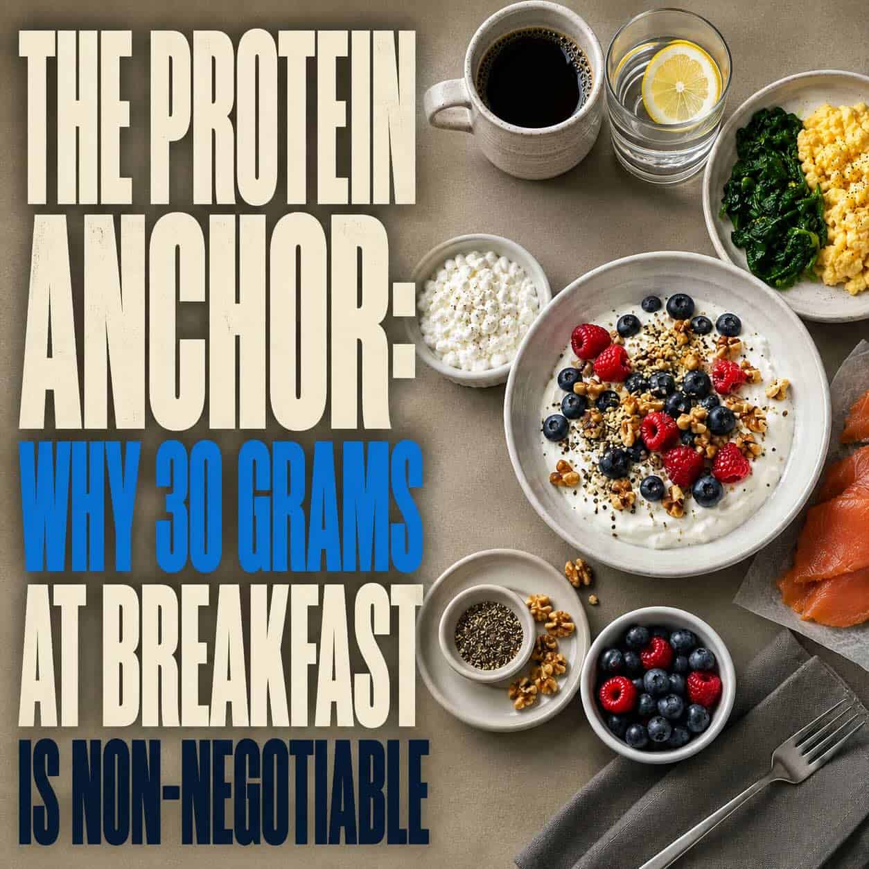 Overhead view of a high-protein breakfast on a navy surface: a white bowl of Greek yogurt topped with berries, hemp seeds, and walnuts, surrounded by scrambled eggs with spinach, a ramekin of cottage cheese, and folded smoked salmon.