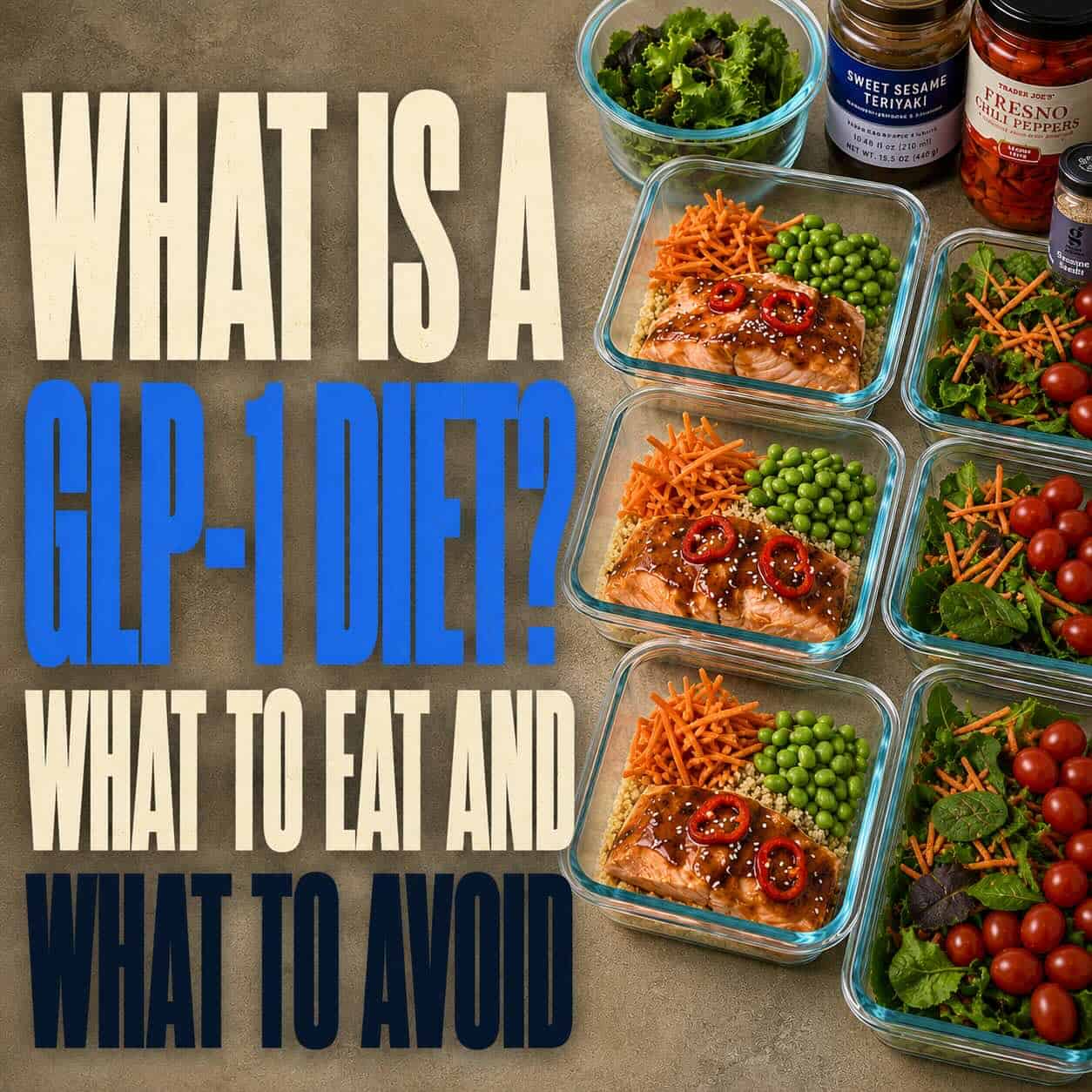 Salmon meal prep bowls portioned into glass containers for a high-protein GLP-1 diet