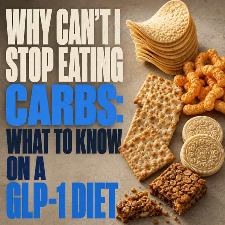Engineered carb snacks including potato crisps, cheese puffs and crackers beside a plain injector pen, illustrating why you can't stop eating carbs on a GLP-1 diet