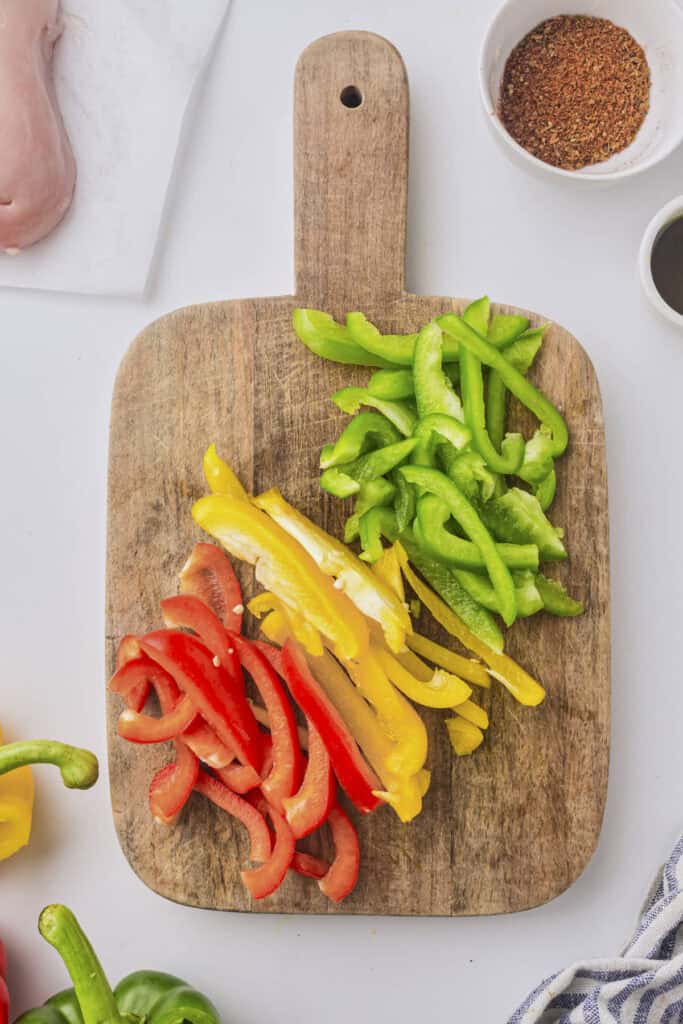 Chopped pepper strips on the cutting board