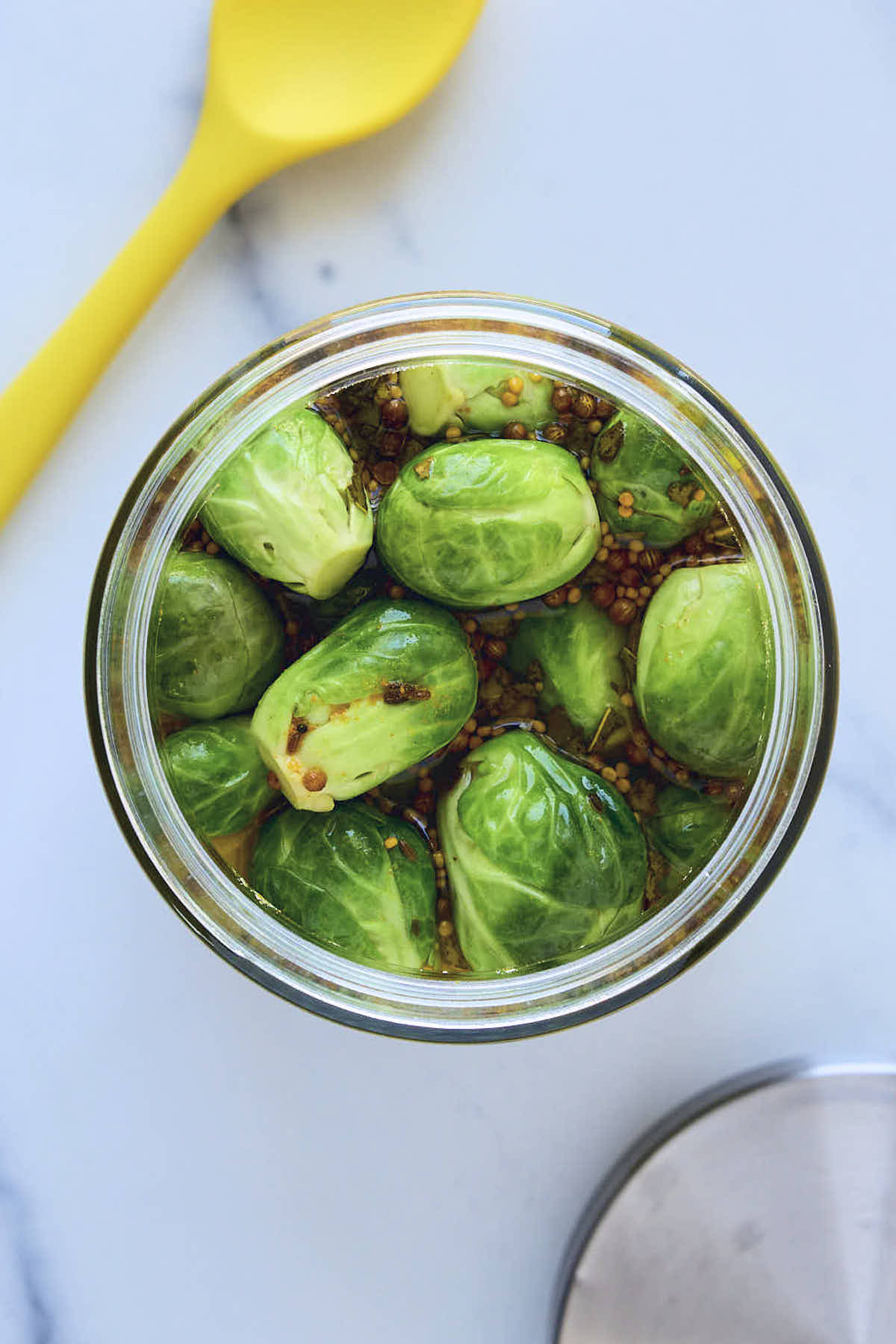 Tall shot of pickled Brussels sprouts also known as Frog Balls