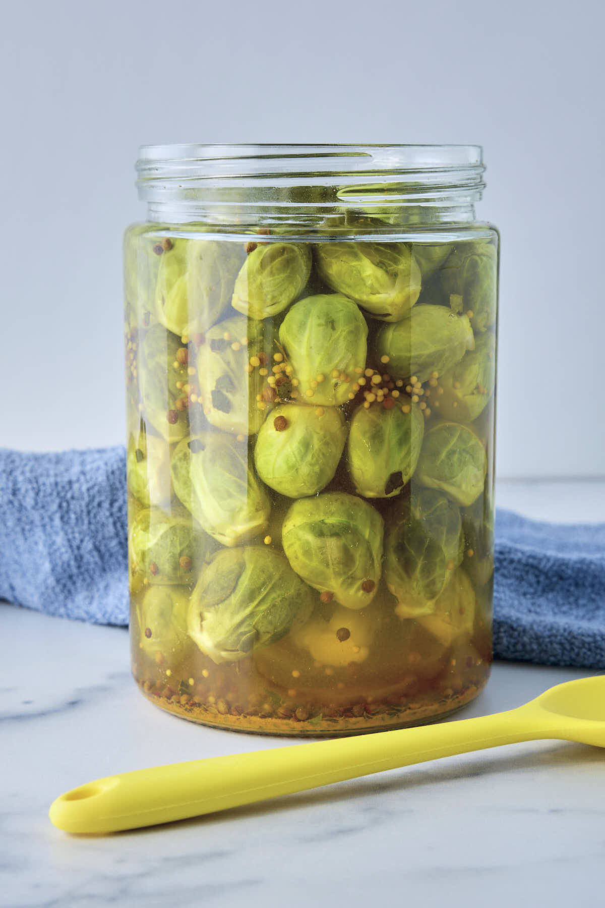 A jar full of finished pickled Brussels sprouts in the sun lit from the side