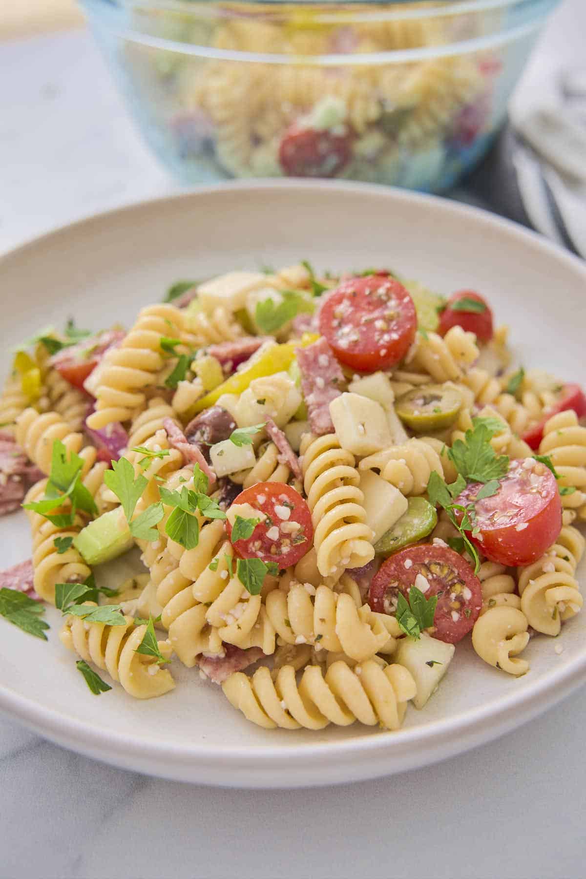Hero shot of some of the pasta salad from this recipe served on a plate and garnished with some chopped parsley