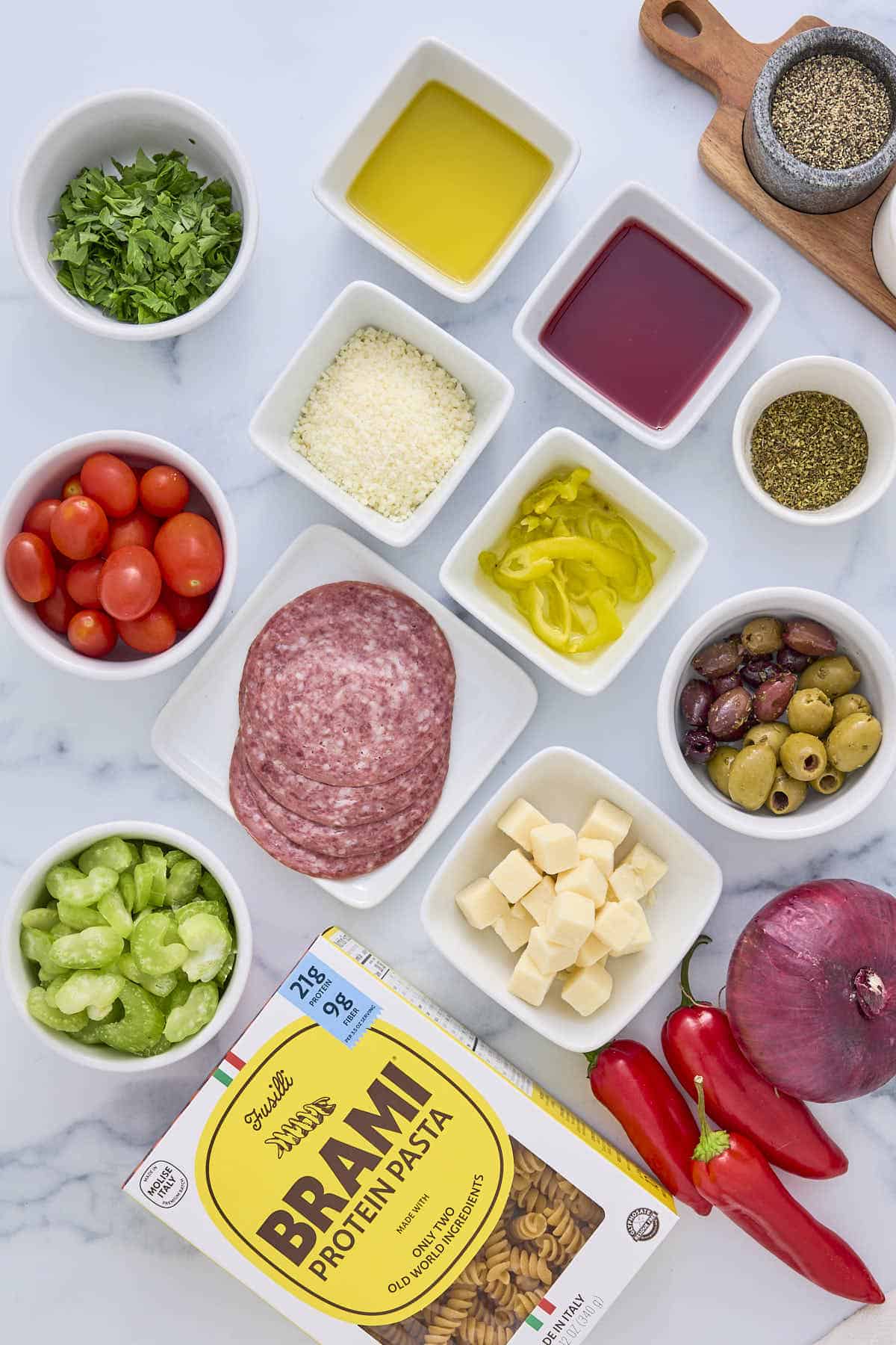 Ingredients from this pasta salad recipe including Brami protein pasta noodles