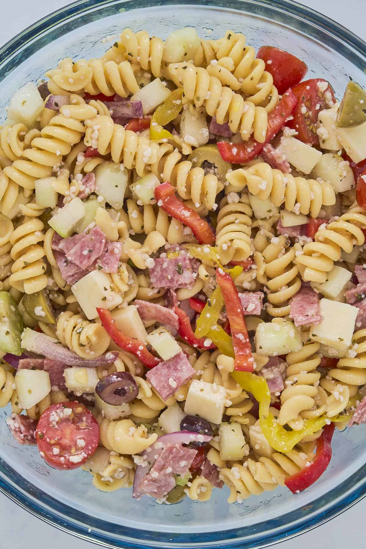 Close up of the pasta salad ready to be served