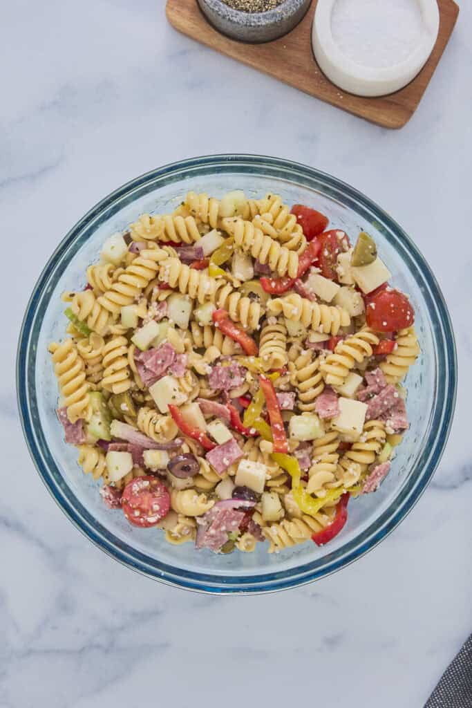 High protein pasta salad tossed and ready to be served