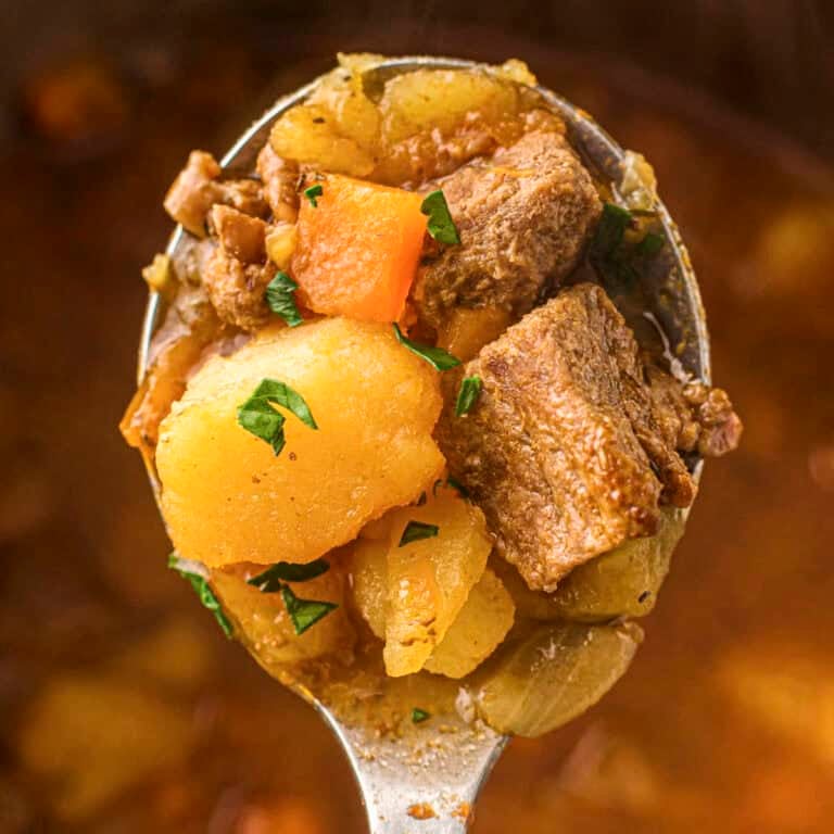 Instant pot beef stew from this recipe close up on a spoon