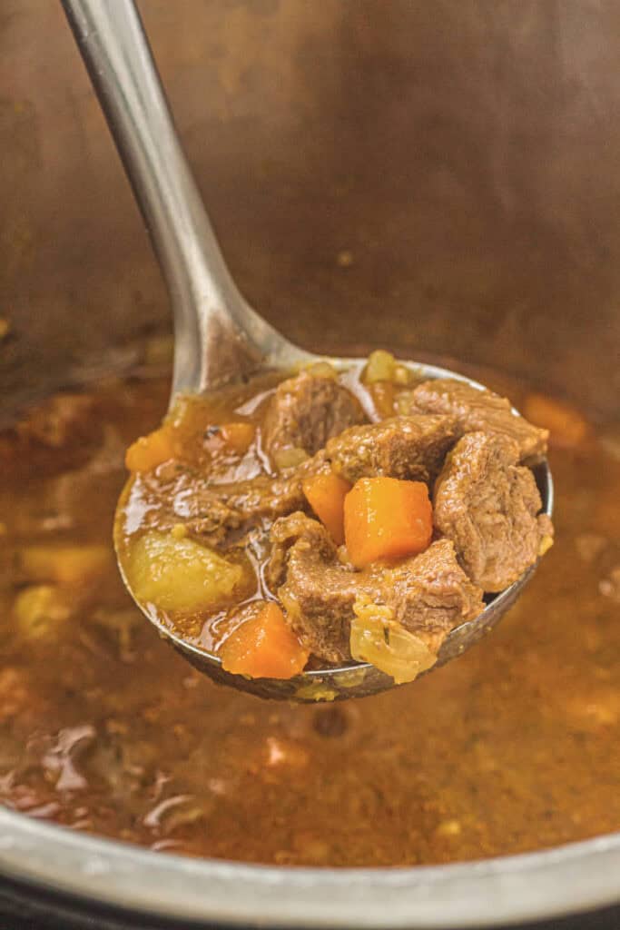 Hero shot of the finished instant pot beef stew in a ladle