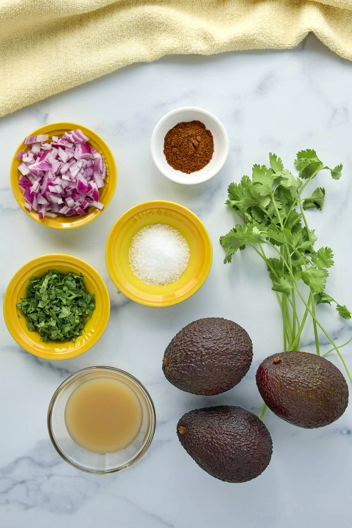 Ingredients for the guacamole recipe; some chile powder, red onion, salt, cilantro, lime juice, and avocados