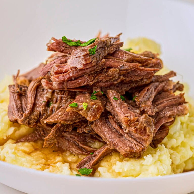 Keto pot roast from this recipe plated on cauliflower puree