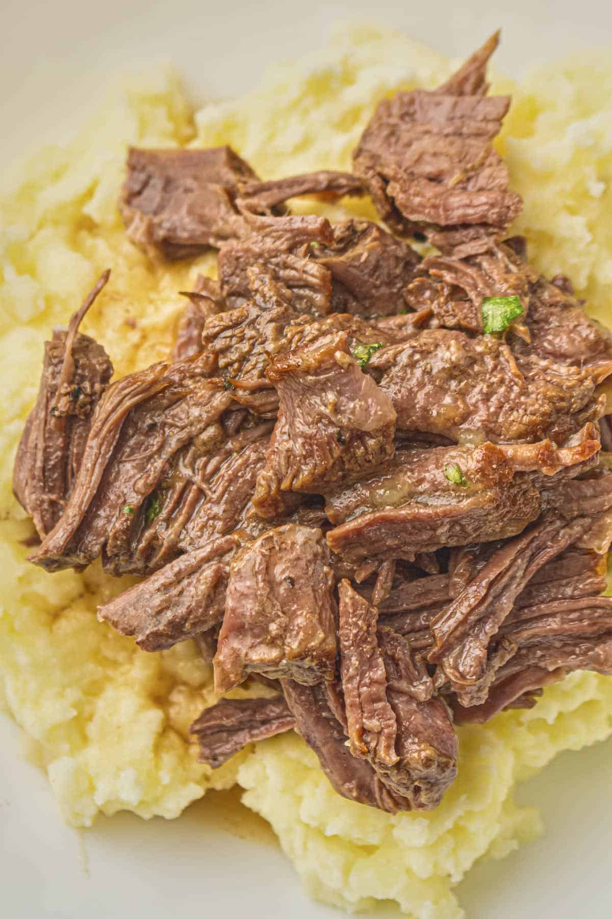 Overhead shot of this keto pot roast served with cauliflower mash