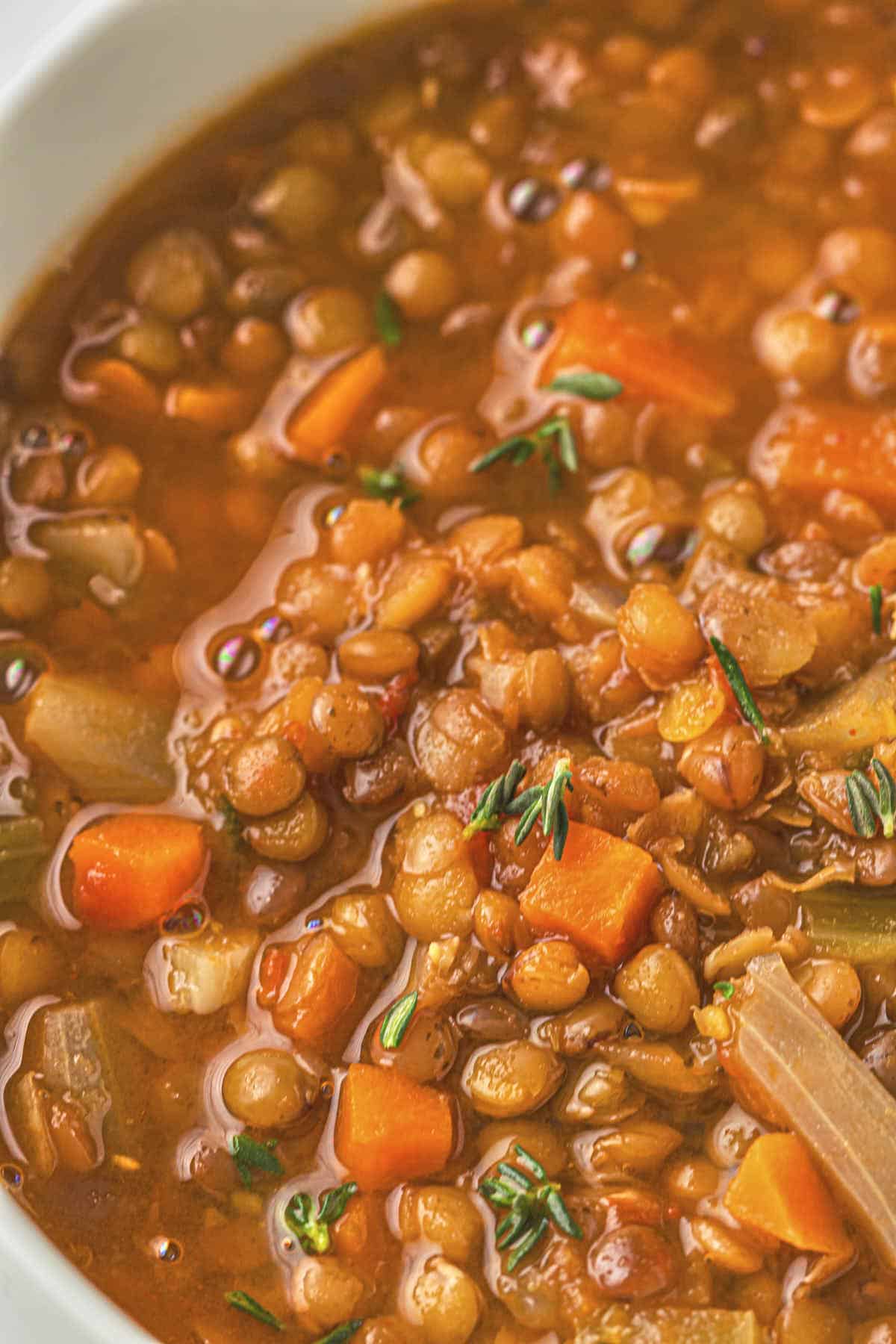 Closeup of lentil soup in a bowl