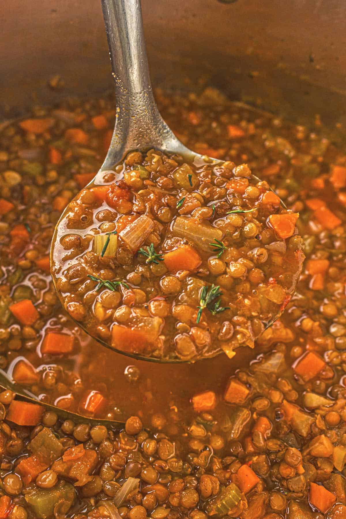 Herbs added to the ladle of lentil soup
