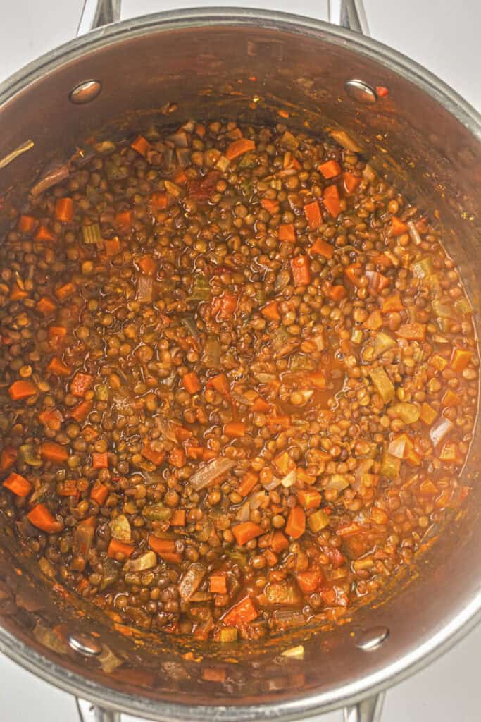 Lentil soup cooked shown in the pot