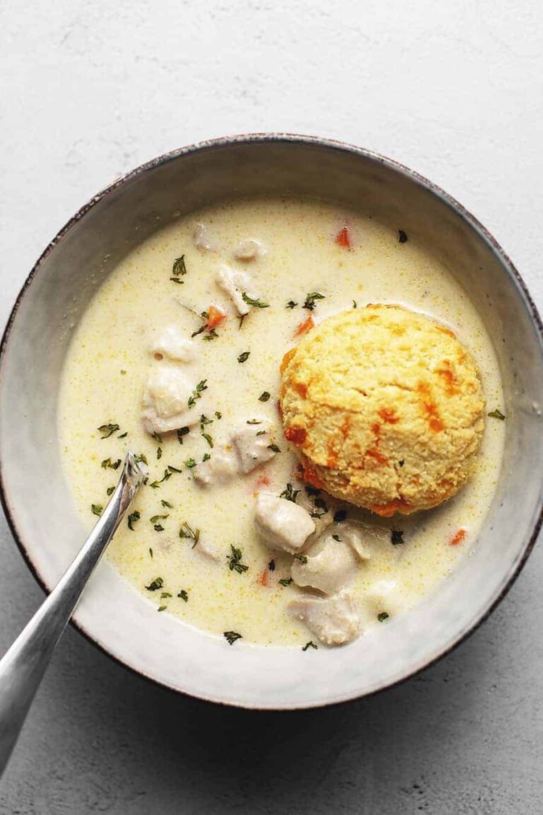 A bowl of keto chicken pot pie soup