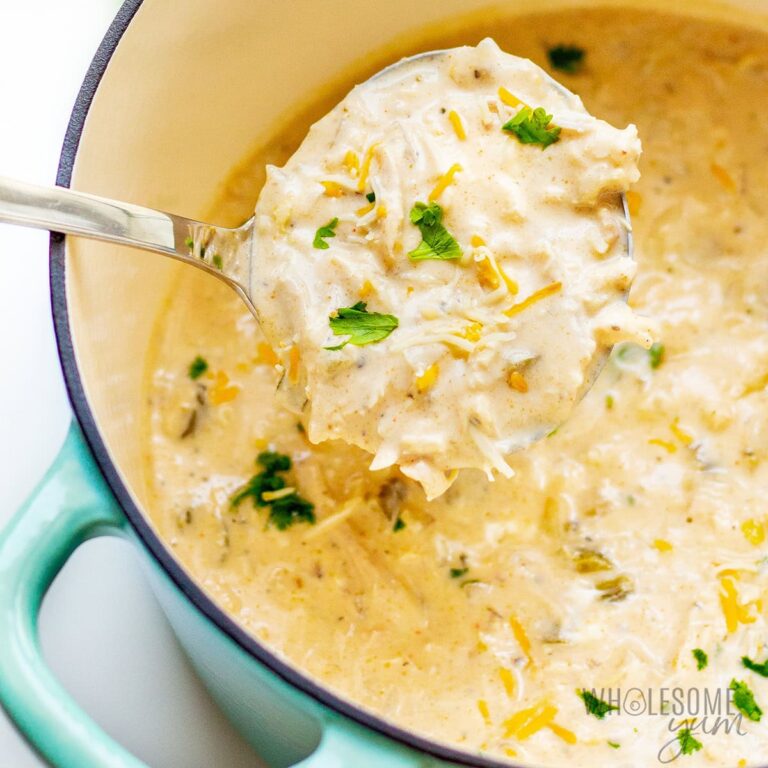 A ladle full of keto white chicken chili